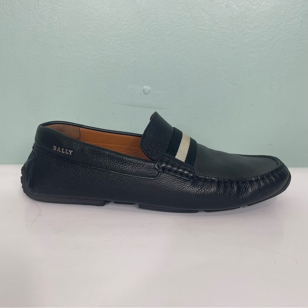 Bally Pearce Stripe Trim Detail Loafers Black Leather Men Sz 8 US